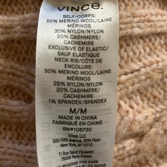 Vince Interlocking Cable Rose Tan Cashmere Merino Blend Crew Sweater Medium - Picture 8 of 8